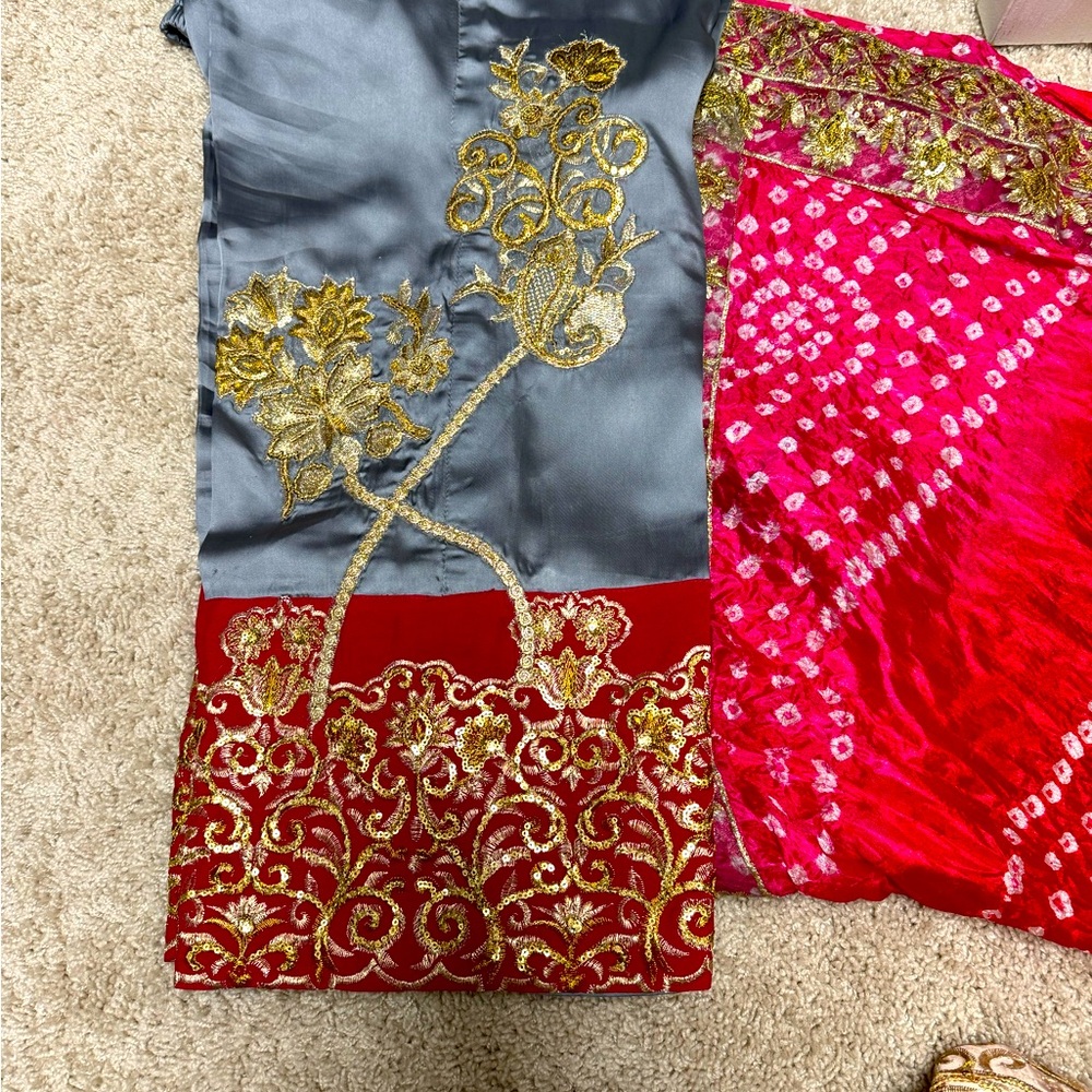 3 piece satin silk dress w/ embroidered shirt+ chunri dupatta with lace detail.